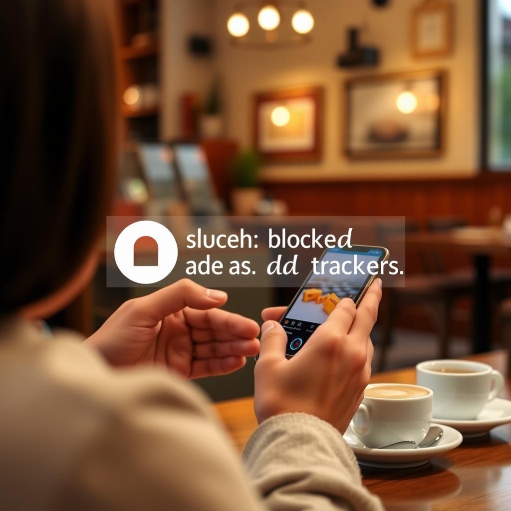 Person using a smartphone in a coffee shop with a digital overlay showing blocked ads and trackers.