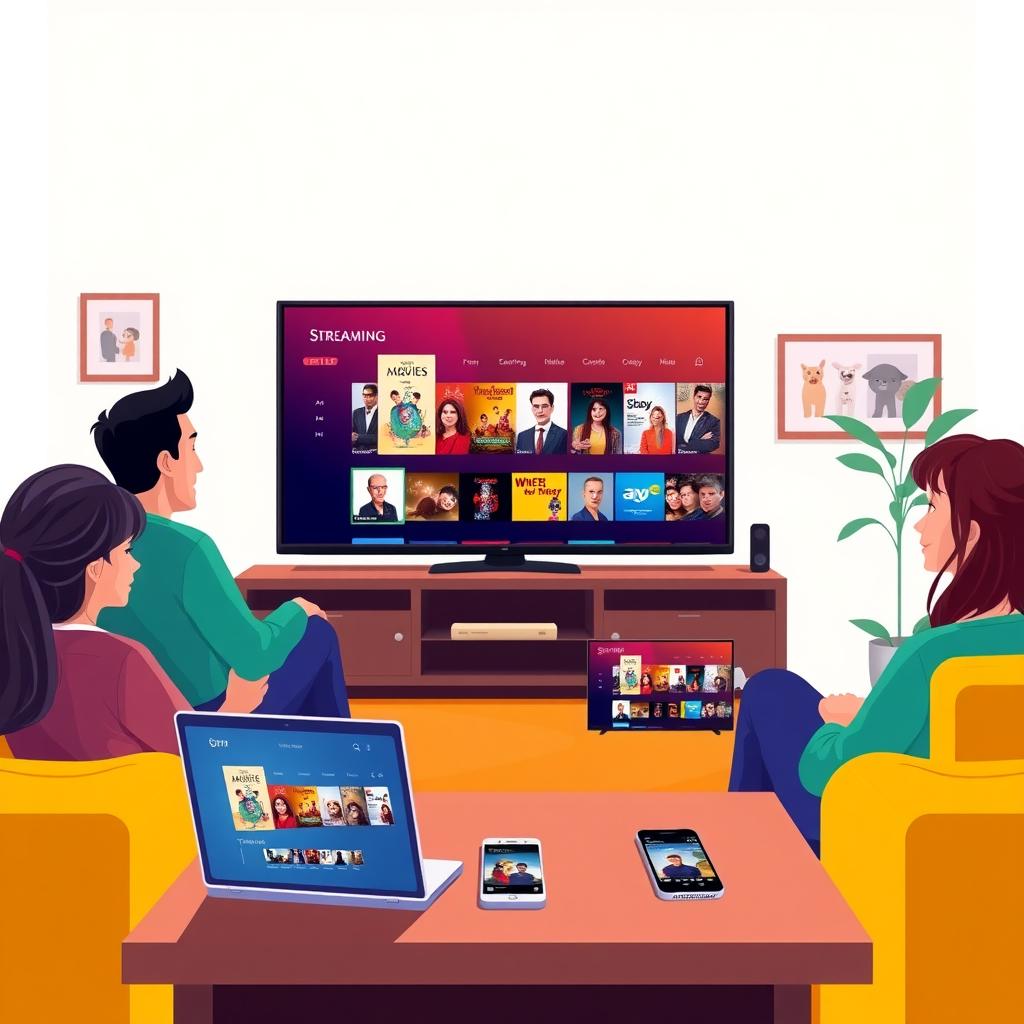 Family watching a streaming service on TV with the same app open on a laptop and smartphone in a cozy living room.