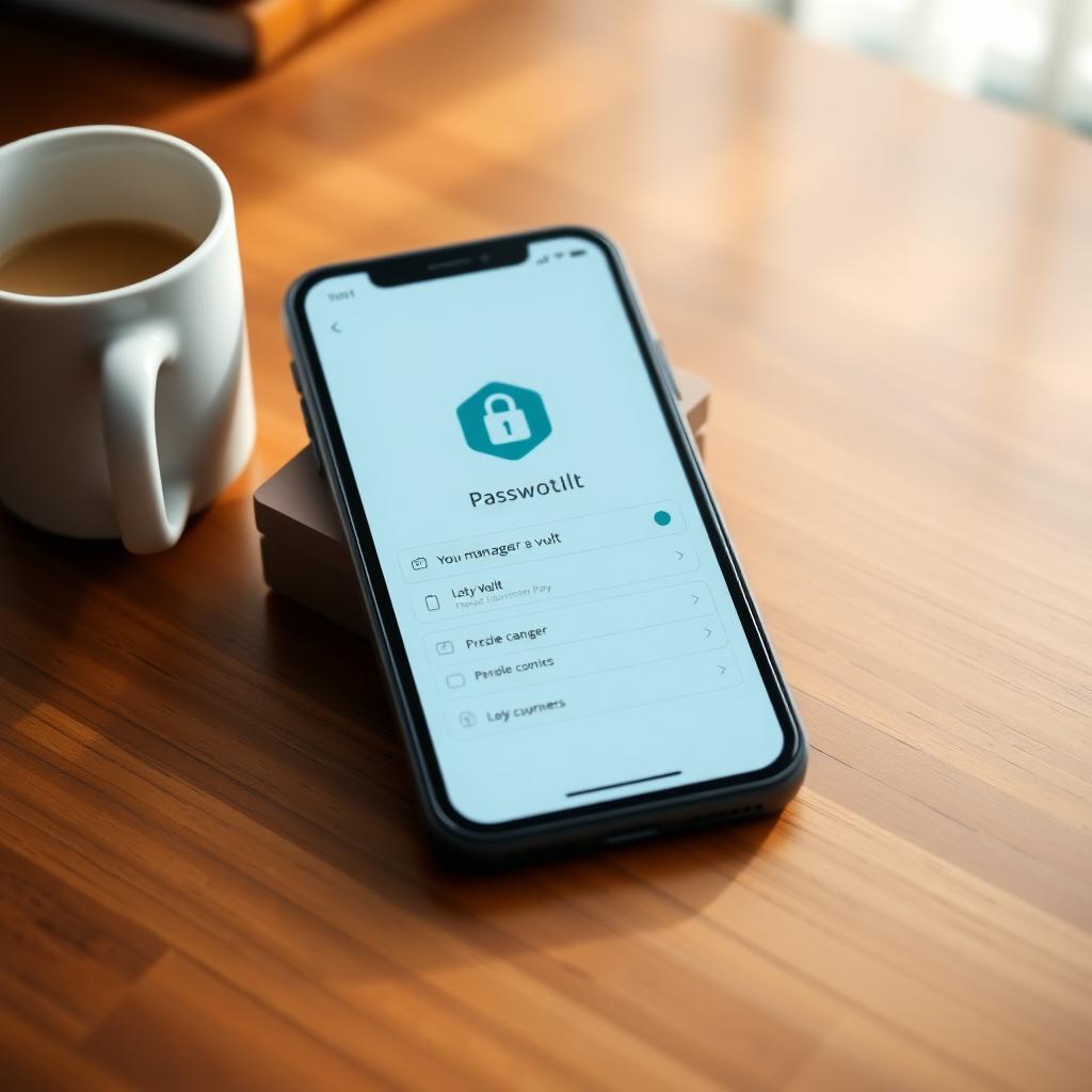 Smartphone showing a password manager app on a desk