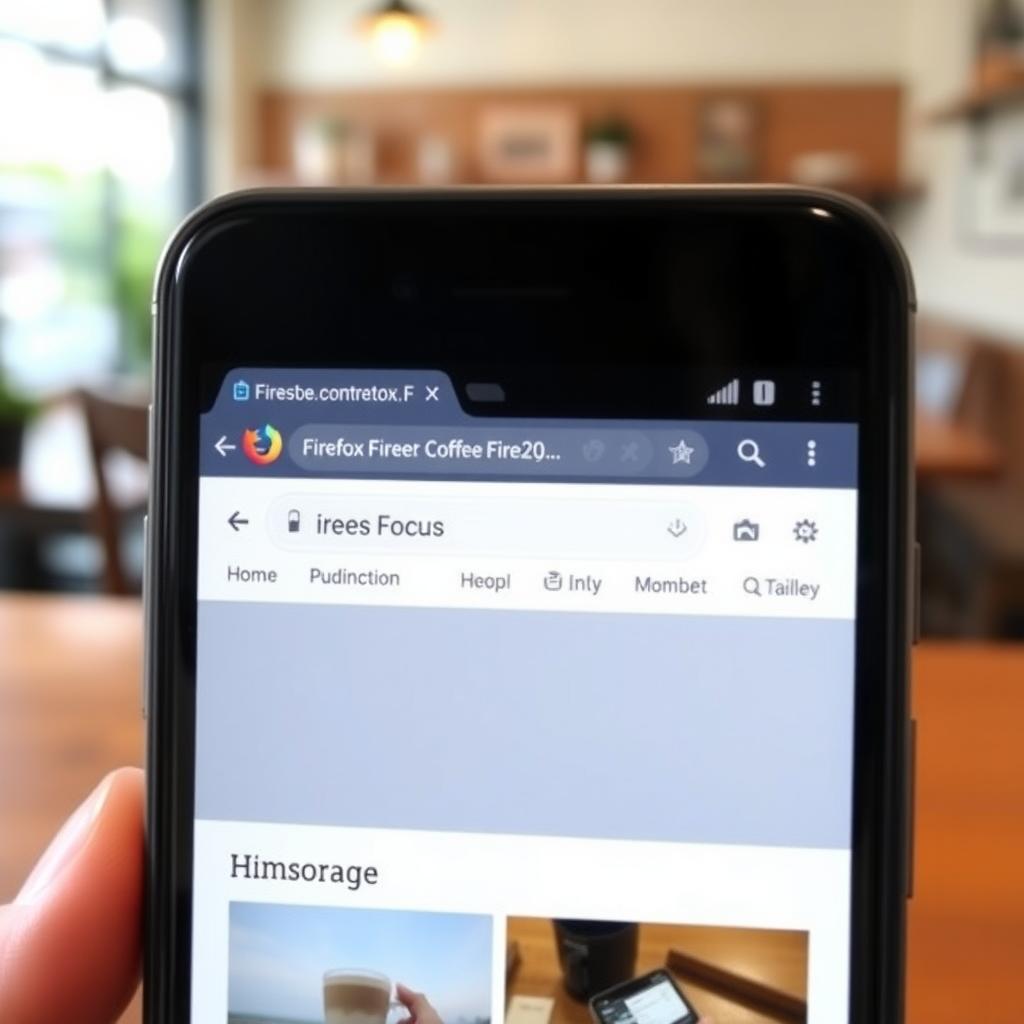 Smartphone displaying Firefox Focus browser in a coffee shop setting.