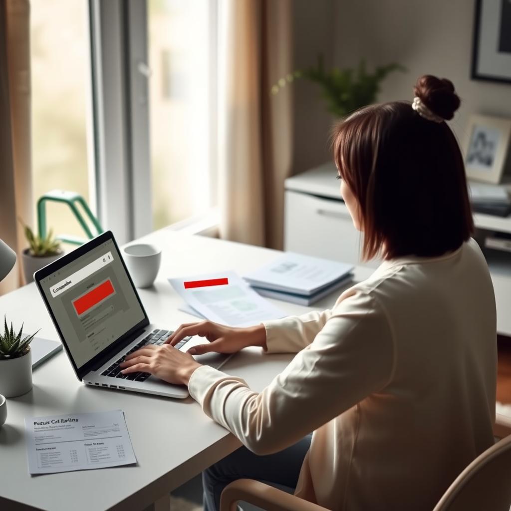 Person at a desk with a laptop searching their name on Google, surrounded by redacted documents in a home office.