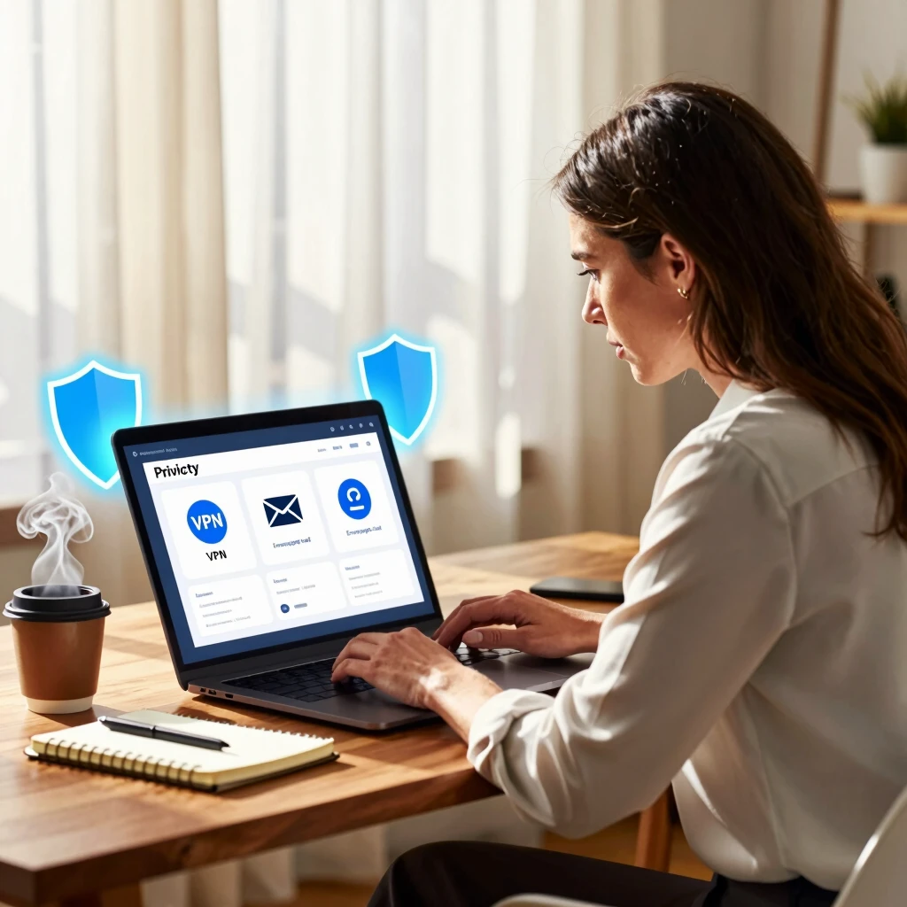 Woman selecting online privacy tools on her laptop in a cozy office