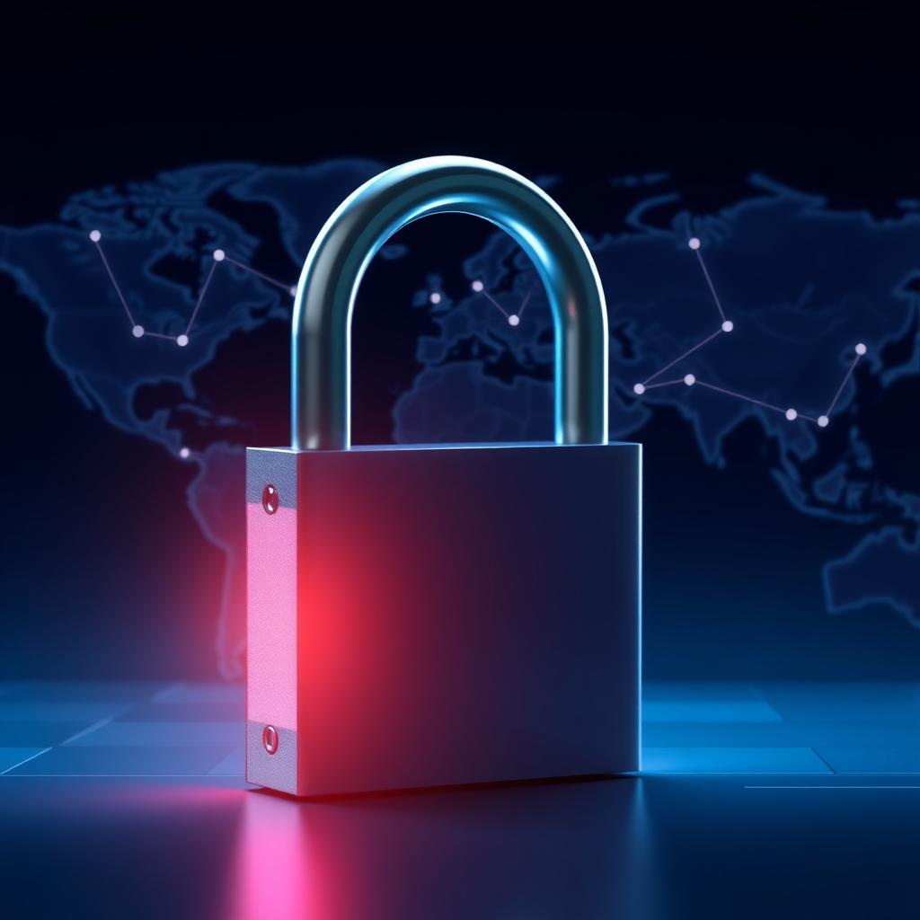 A glowing padlock over a digital world map, symbolizing secure VPN connections.