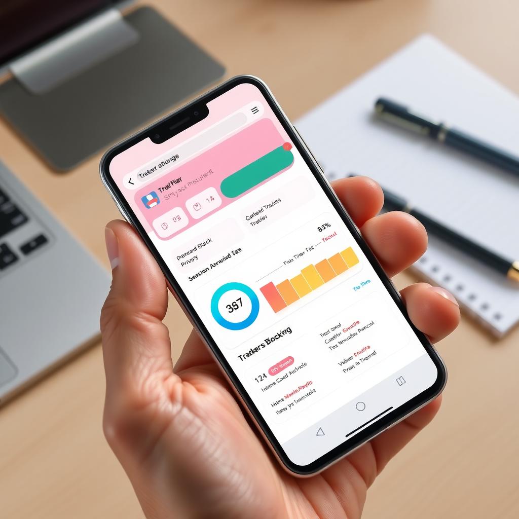 Smartphone showing a browser privacy dashboard with tracker-blocking stats on a modern desk