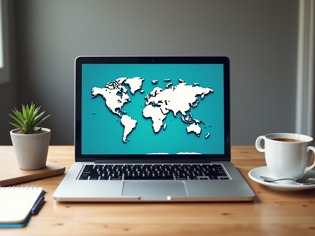 Laptop showing world map of privacy laws on desk with coffee