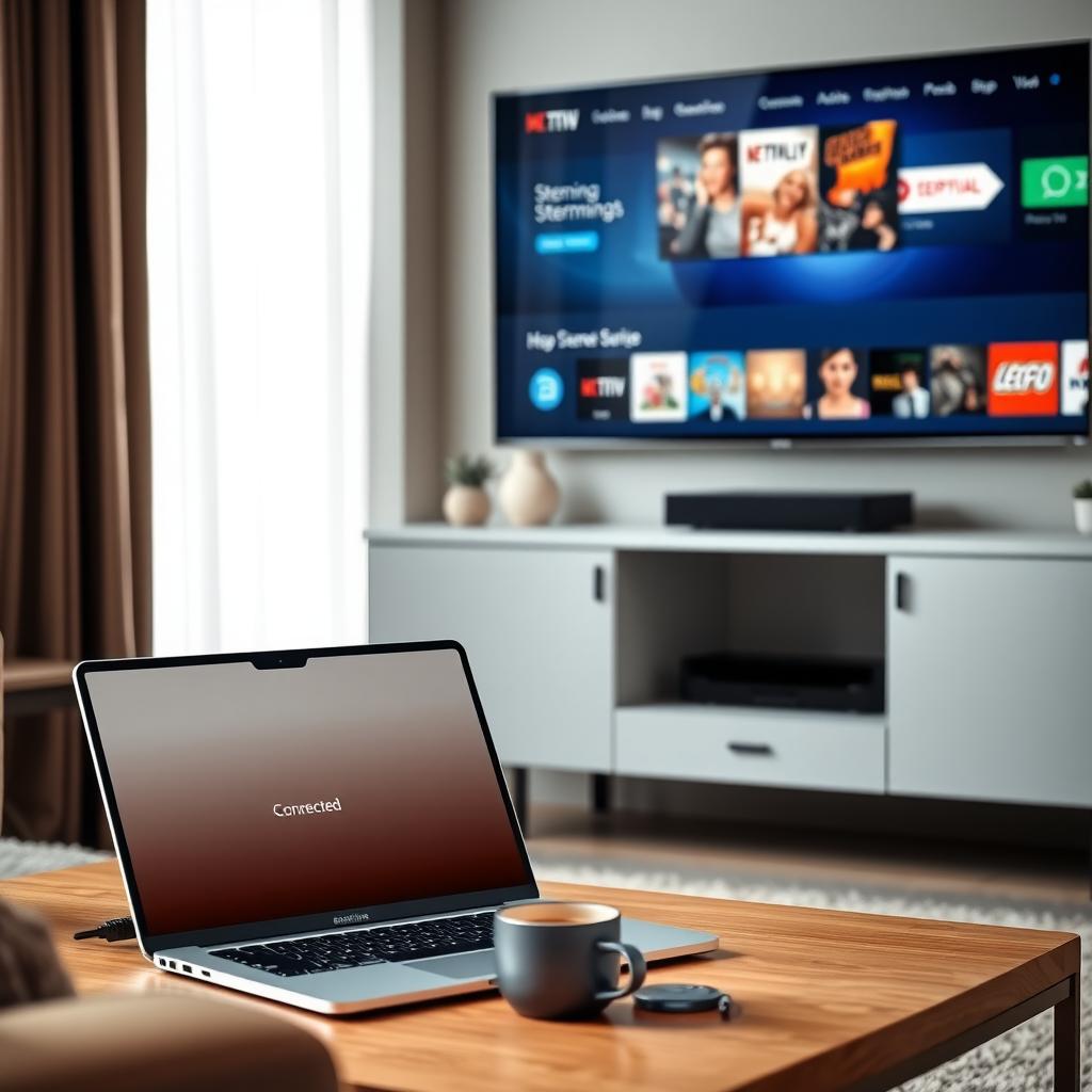 Cozy living room with a smart TV streaming content and a laptop showing a VPN app interface