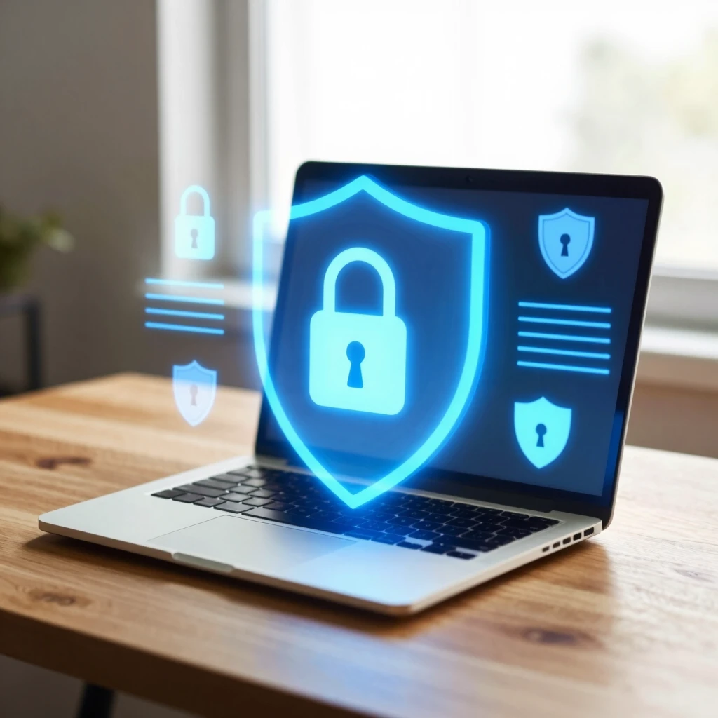 Digital shield protecting a laptop from cyber threats
