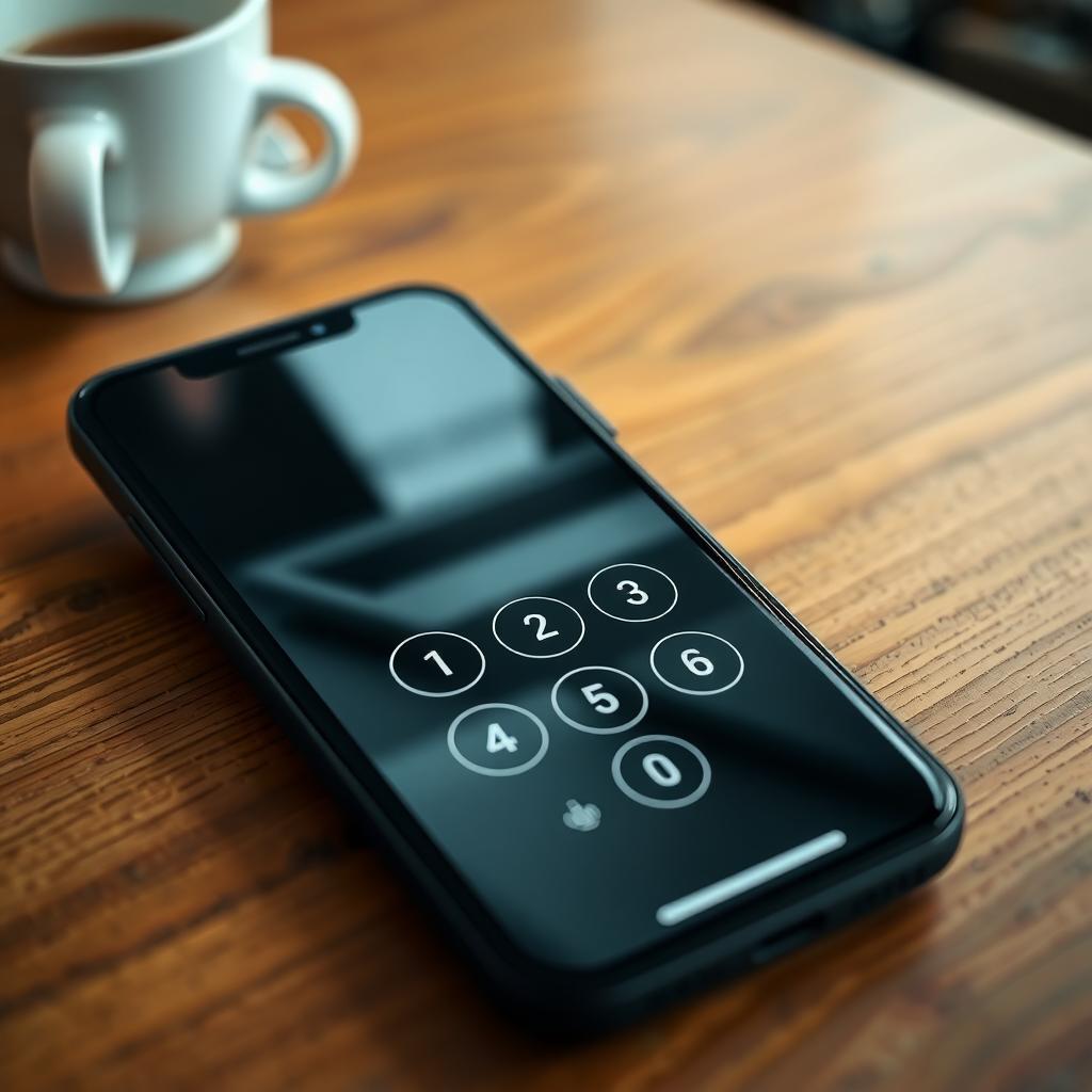 Smartphone on a wooden table showing a PIN lock screen, set in a cozy coffee shop environment.