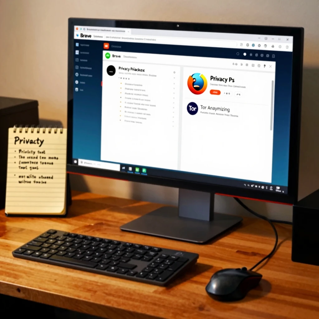 Desktop setup comparing Brave, Firefox, and Tor browsers for privacy