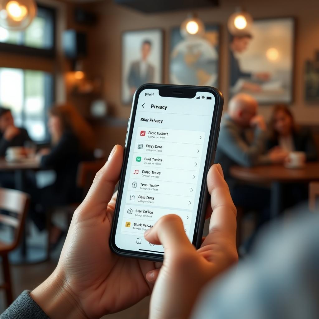 Smartphone displaying a privacy app interface in a cozy coffee shop setting.