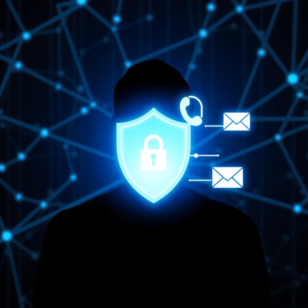 Digital shield protecting a silhouette with icons of a lock, phone, and email, symbolizing online privacy.
