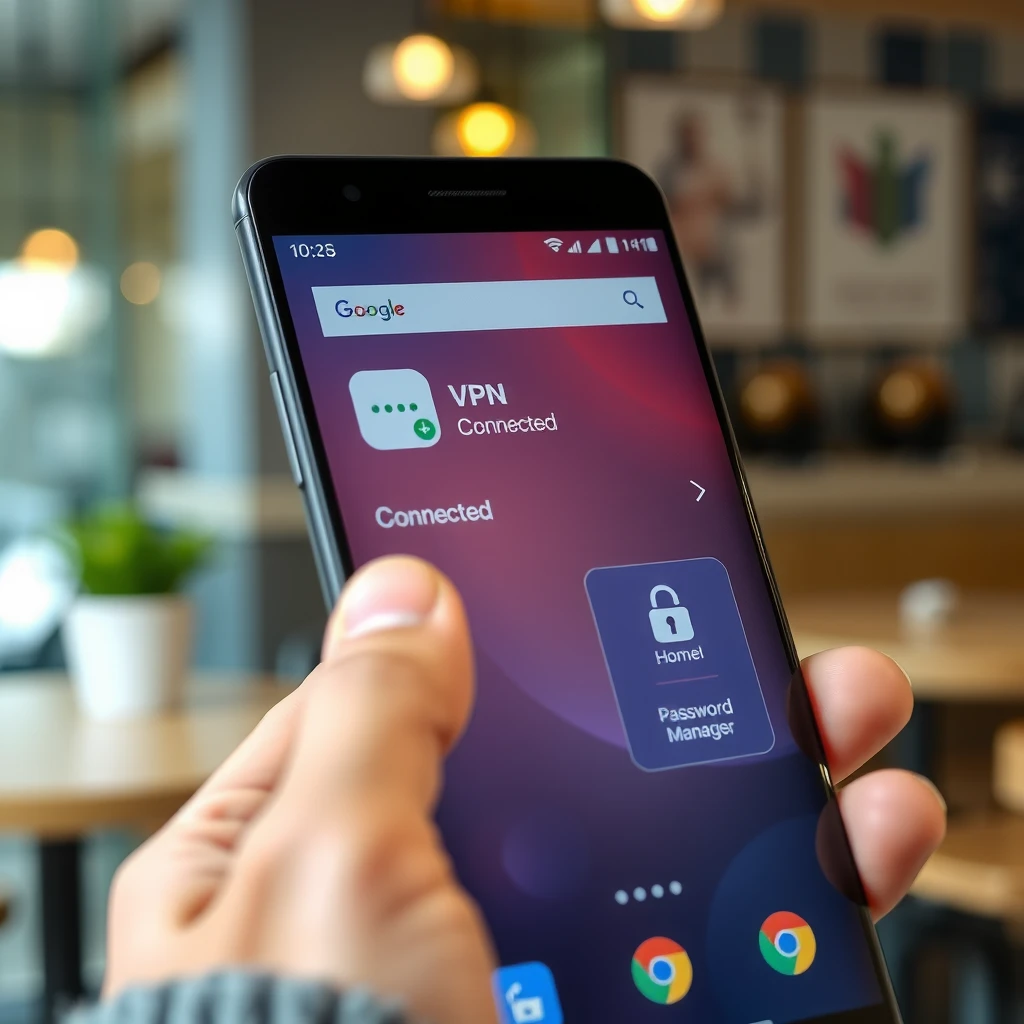 Android phone screen showing active VPN and password manager app