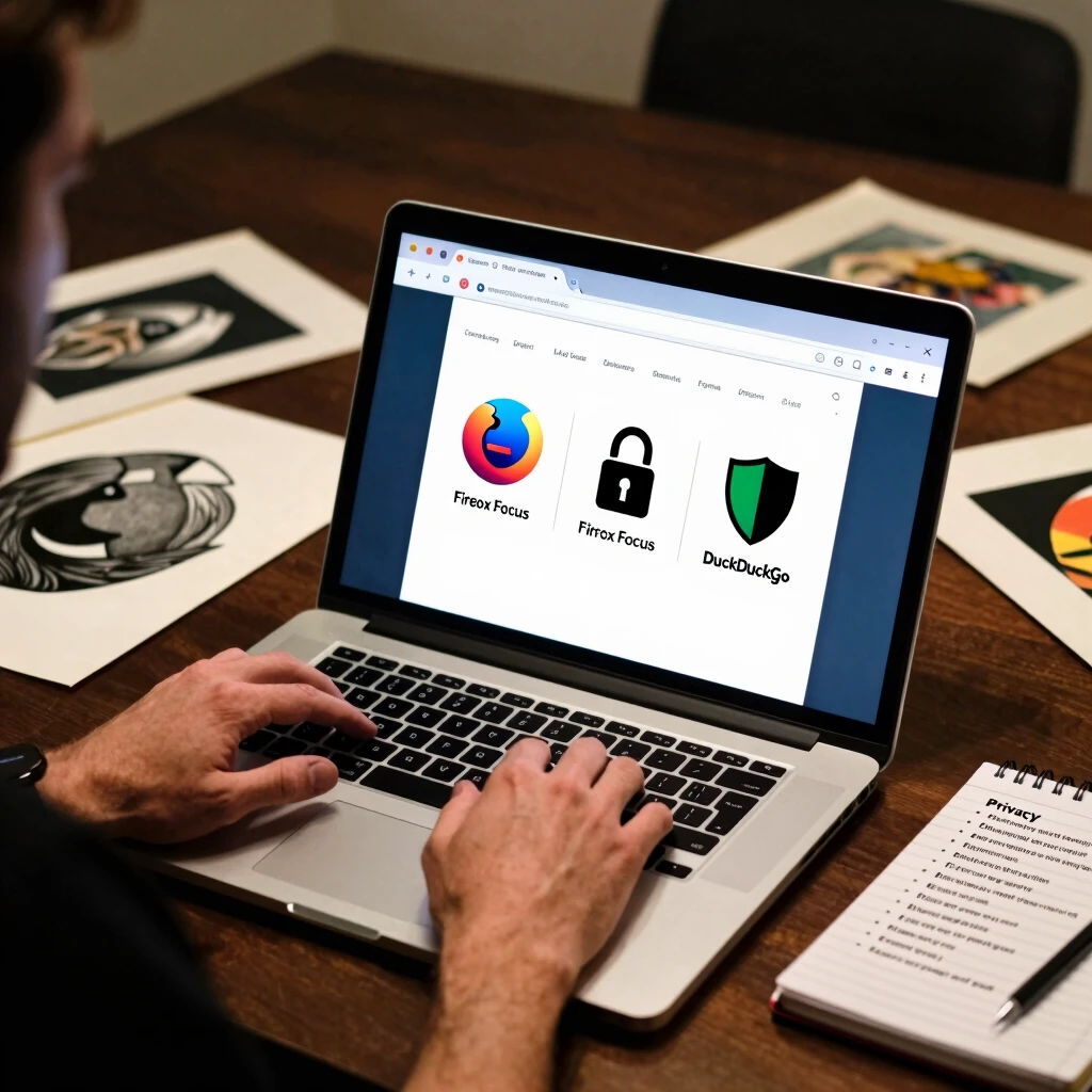 Artist securing online privacy with browser tools on laptop