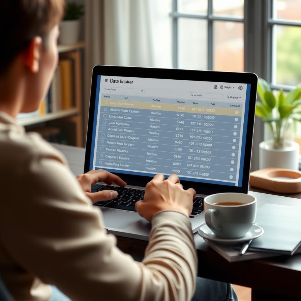 Person at a desk with a laptop displaying data broker websites in a home office