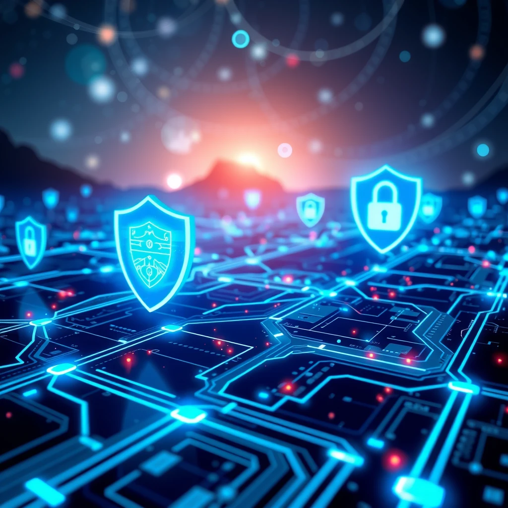 Futuristic cyber landscape with privacy shields protecting data