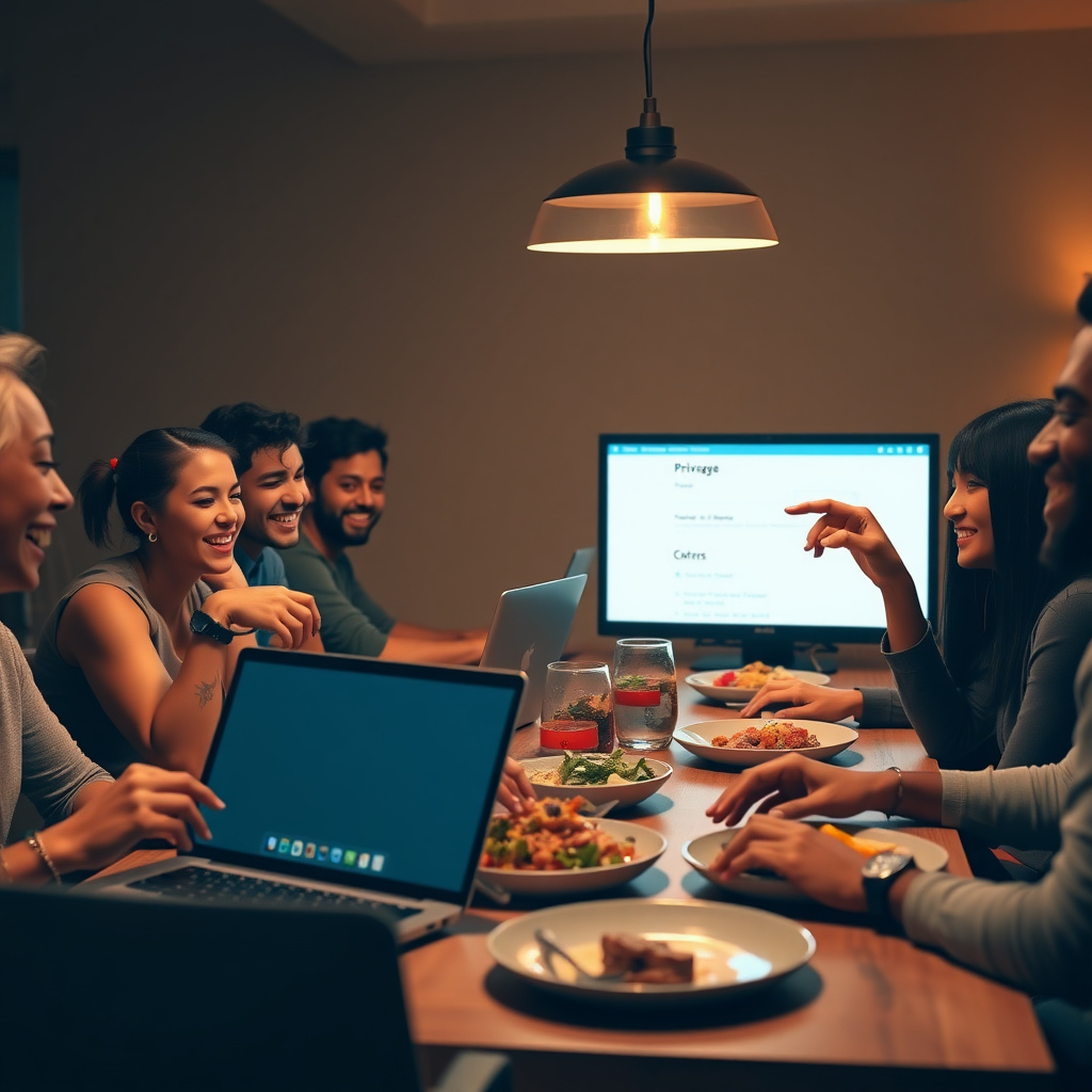 Friends discussing online privacy settings over dinner, emphasizing shared protection