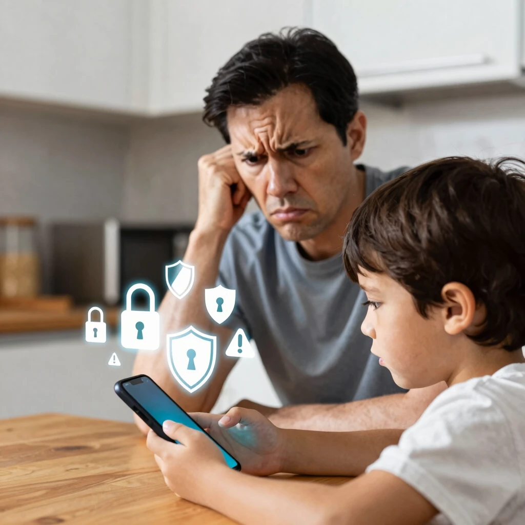 Concerned parent checking child's phone for online privacy risks