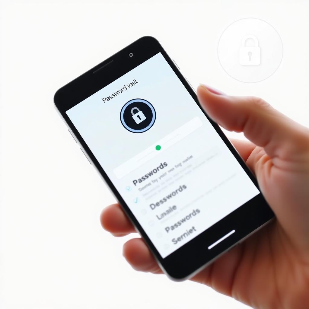 Smartphone displaying a password manager app with a secure vault icon