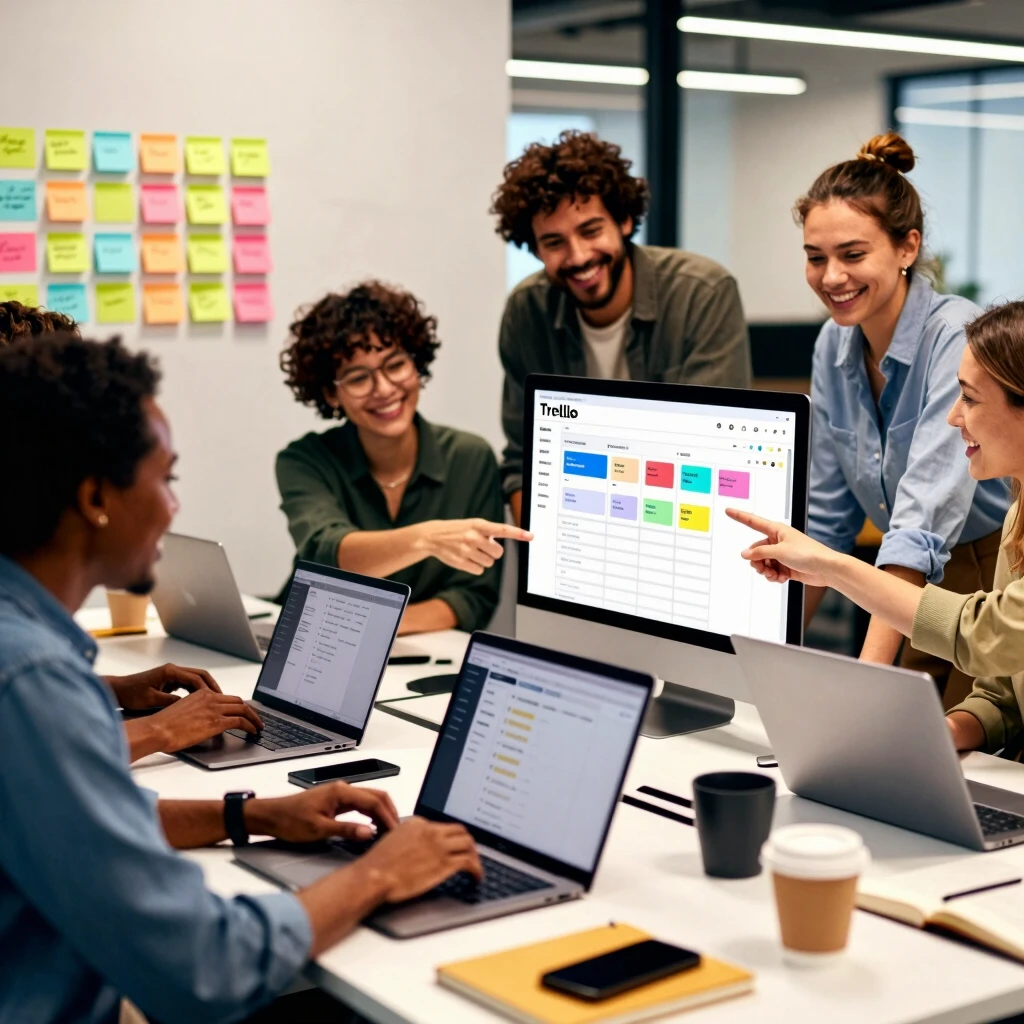 Small business team collaborating on Trello boards in an office setting