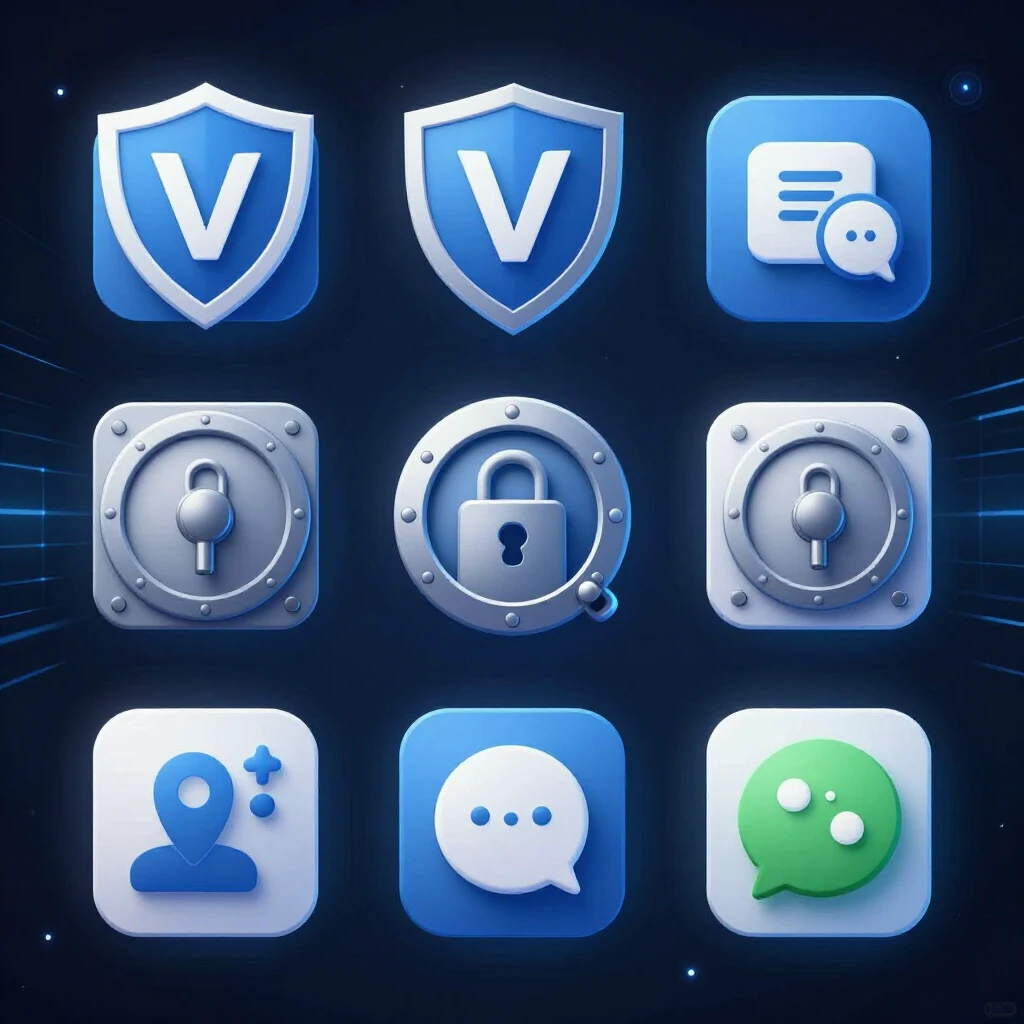 Glowing icons representing privacy tools like VPN, password vault, and encrypted messaging on dark background