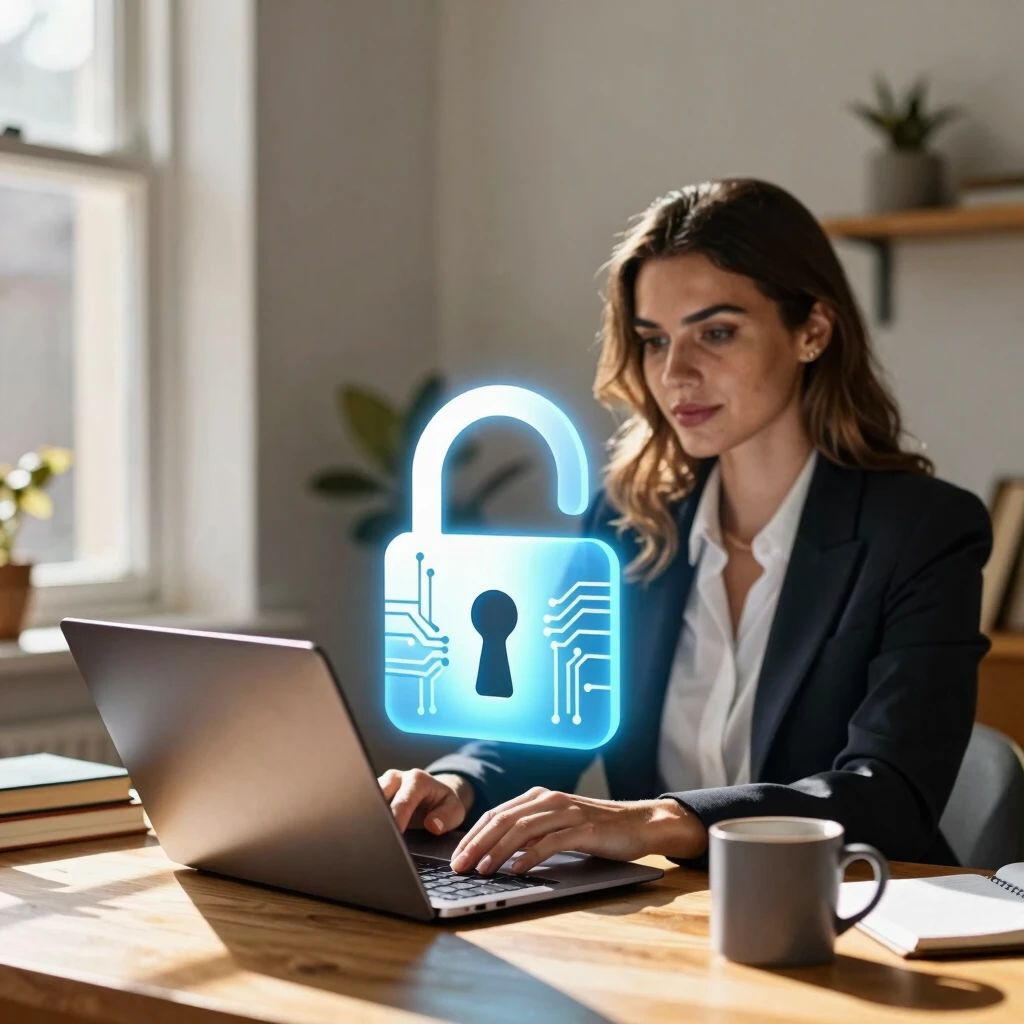 Woman protecting her laptop with a digital lock, representing online privacy