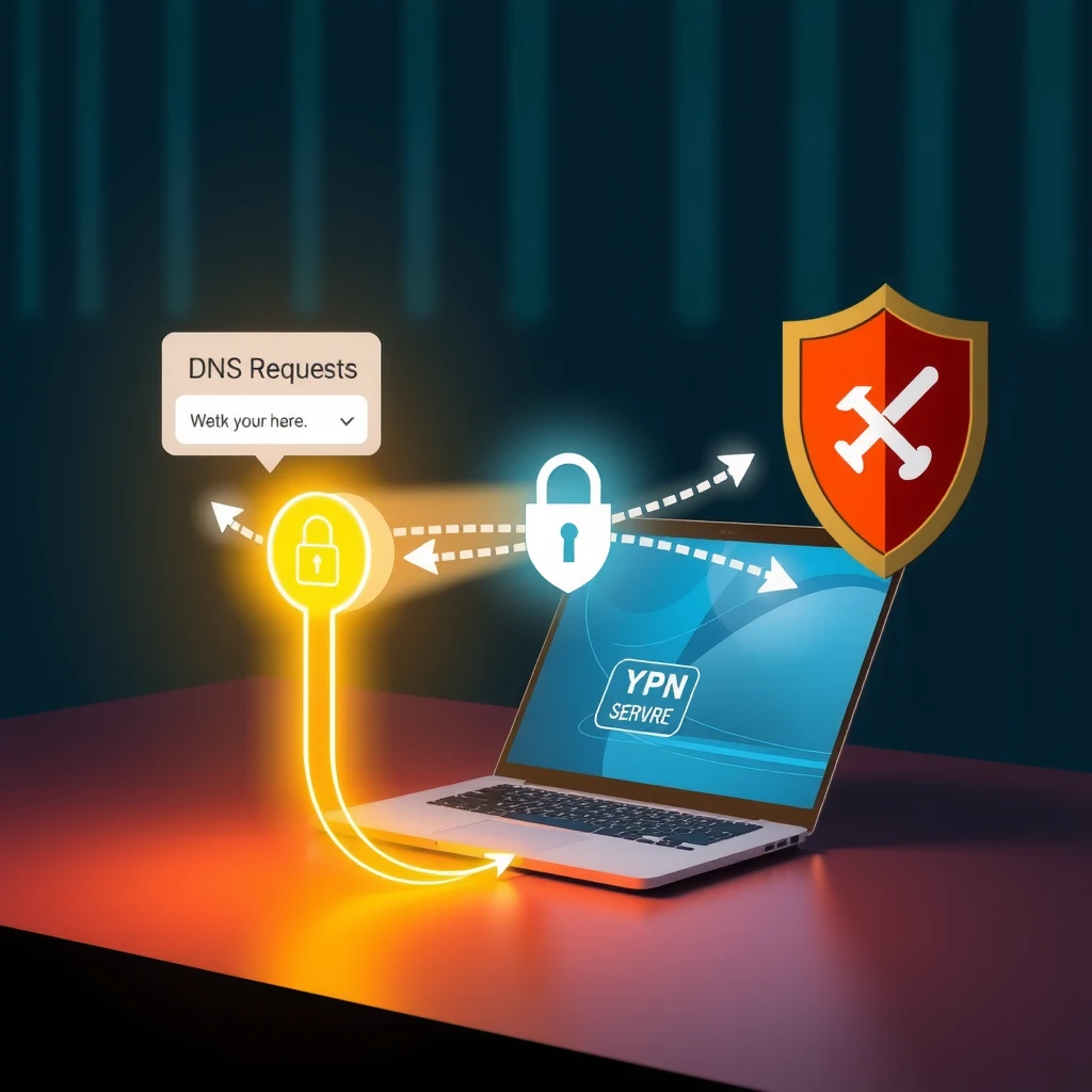 Illustration of DNS requests securely routed through a VPN tunnel for privacy