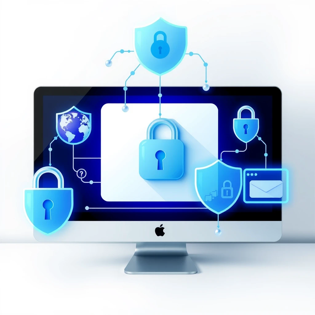 Digital locks and shields protecting browser, password manager, and messaging apps on computer screen
