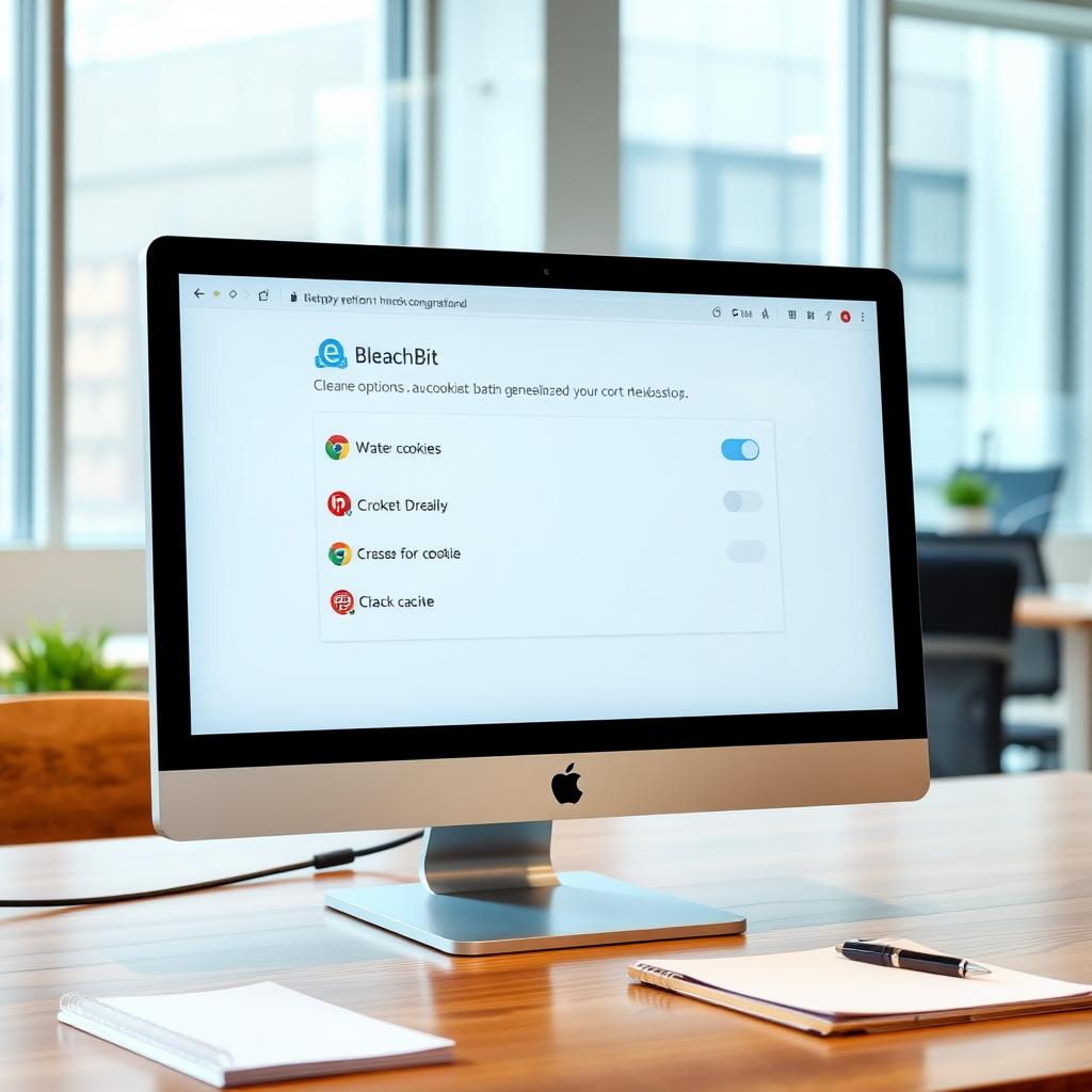 Computer screen showing BleachBit cleaning options in a modern office