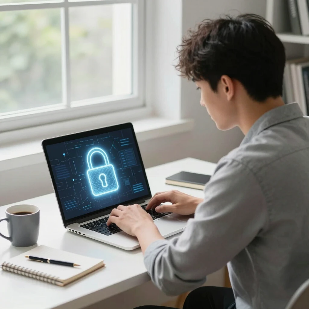 Person at desk with laptop showing padlock icon for digital privacy