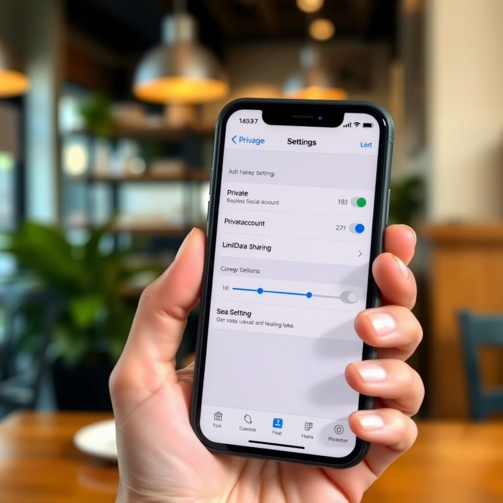 Smartphone showing social media privacy settings in a coffee shop setting.