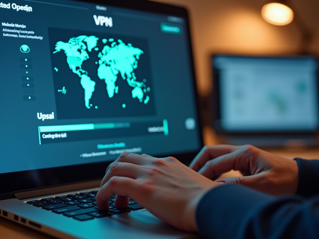 Hands typing on a keyboard with a VPN interface on the screen