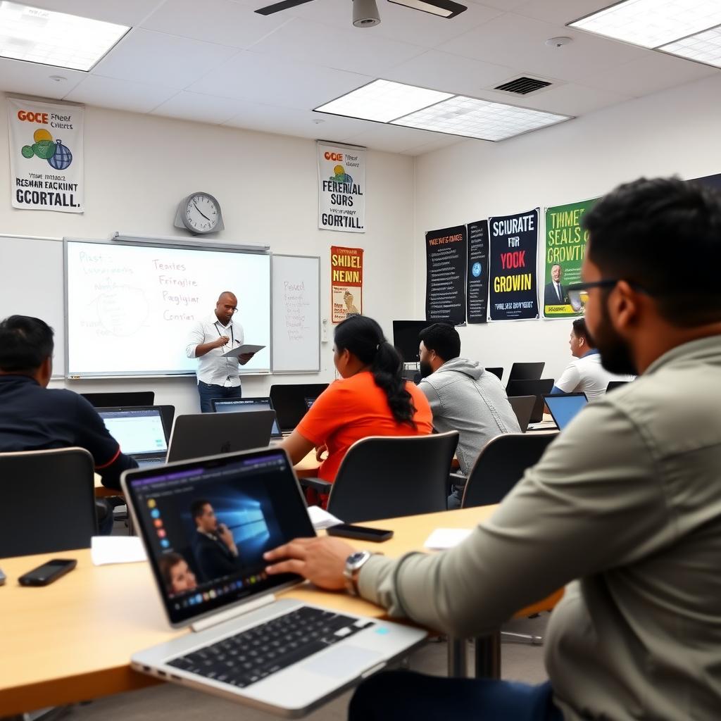 Adult workers in a classroom learning coding skills to adapt to automation.