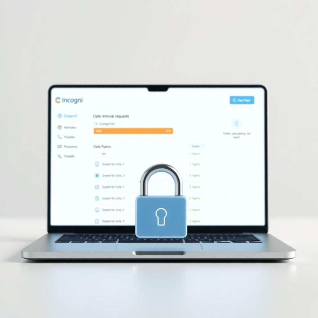 Laptop screen showing the Incogni dashboard with a data removal progress bar and a secure padlock icon.