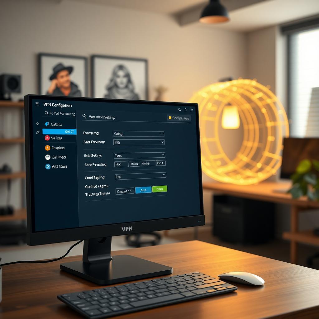 Home office with a computer displaying VPN configuration settings