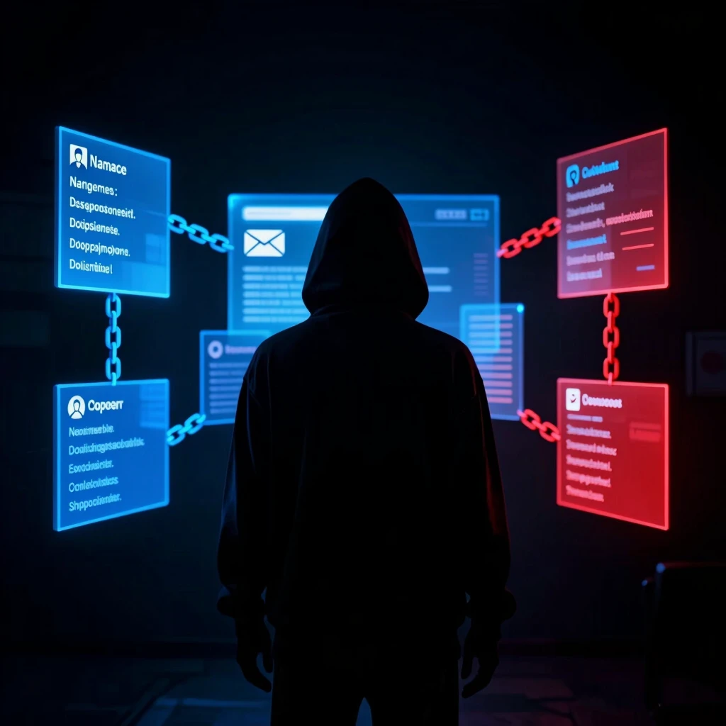Illustration of data brokers collecting and selling personal information in a surveillance-themed scene