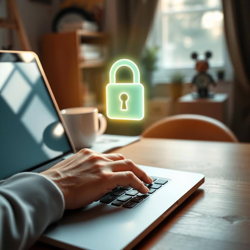 Hand typing on laptop with glowing padlock icon for online security