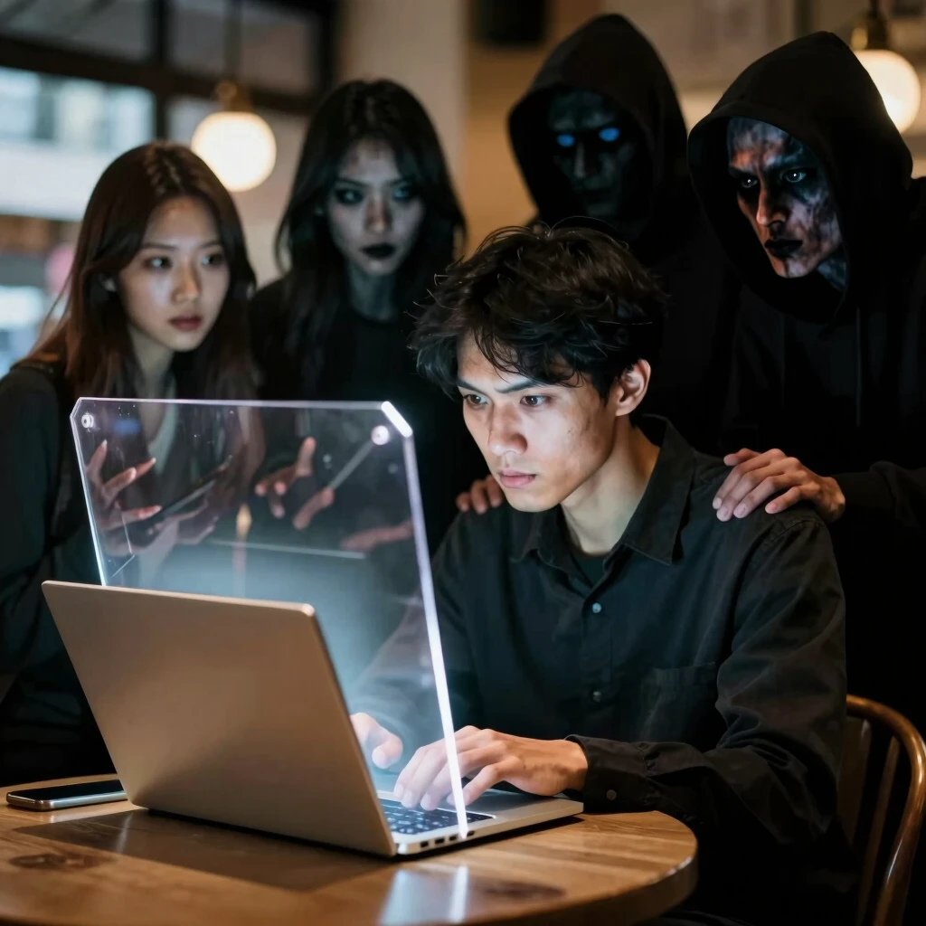 Person using laptop in cafe protected by a digital privacy shield