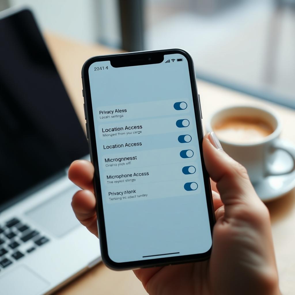 Smartphone screen showing privacy settings with toggles turned off in a coffee shop setting.