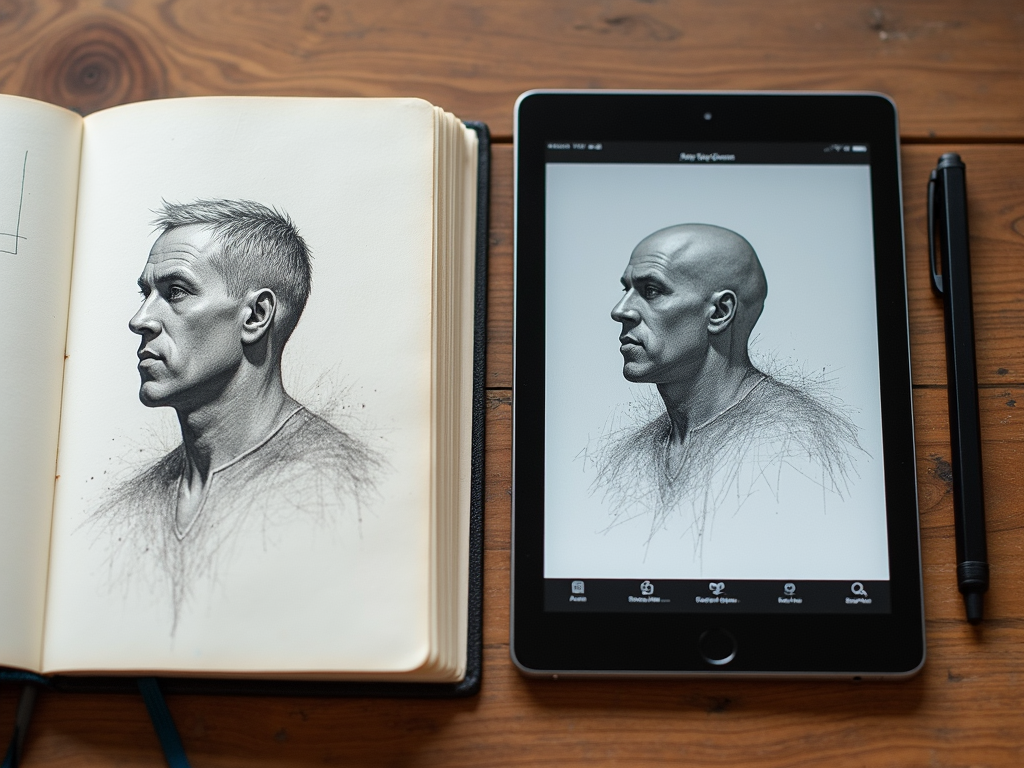 Sketchbook and tablet showing an artist’s process.