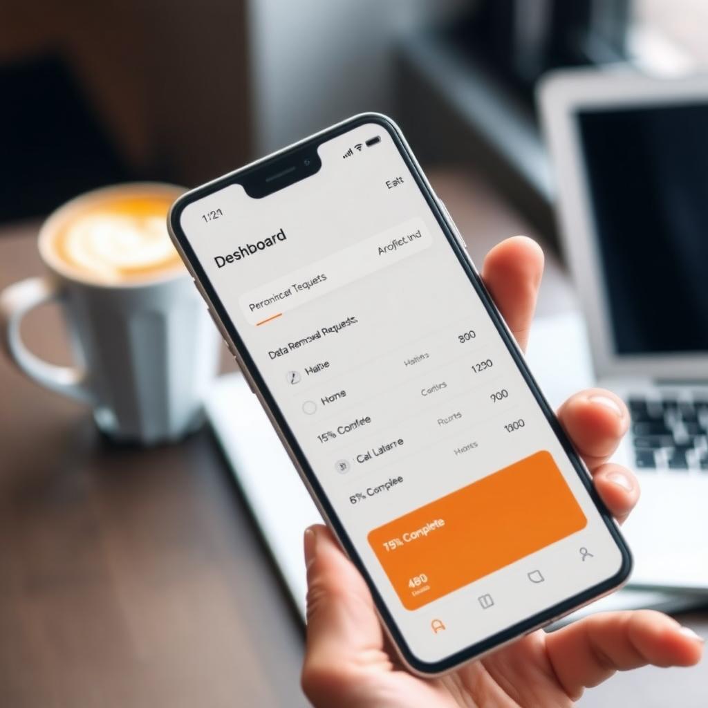Smartphone displaying Incogni privacy dashboard in a coffee shop setting