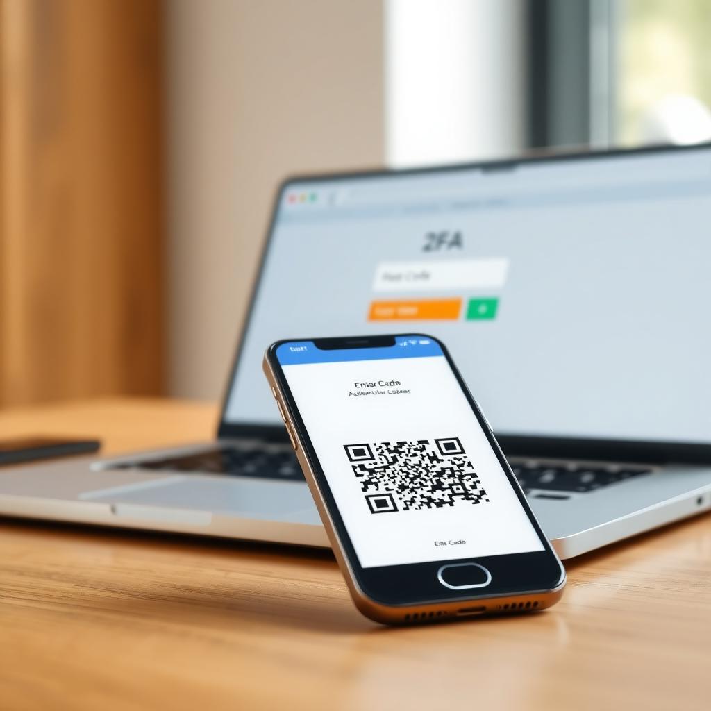 Smartphone showing a 2FA code next to a laptop with a login screen