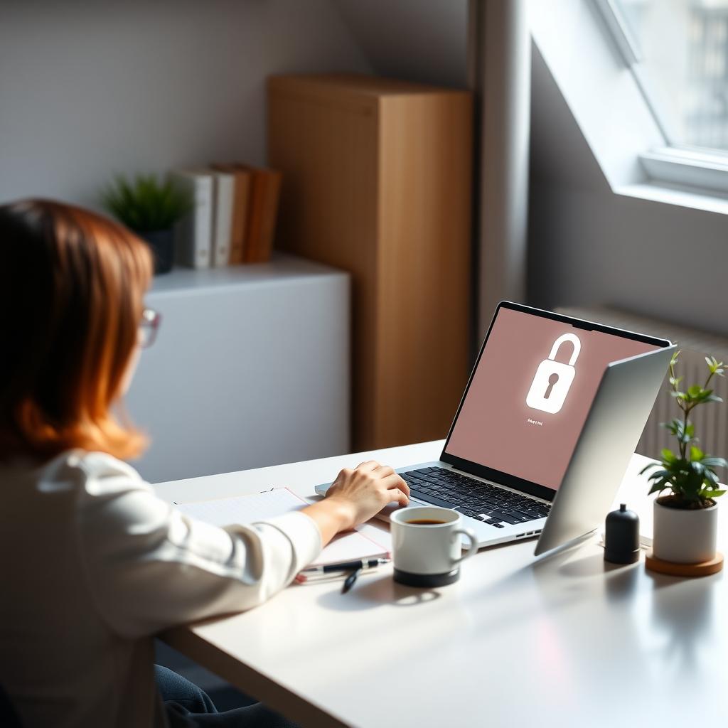 Person using a laptop with a padlock icon on the screen in a cozy home office.