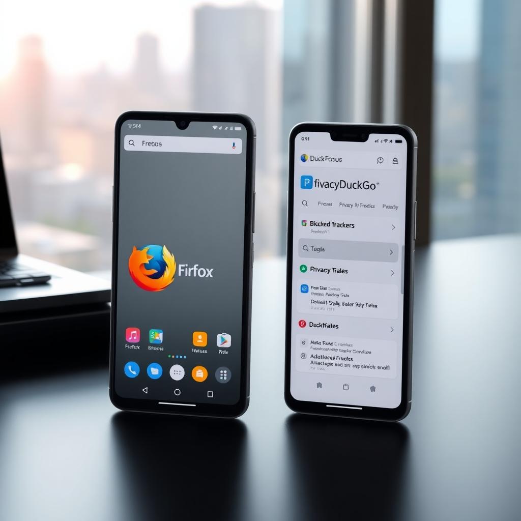 Two smartphones displaying Firefox Focus and DuckDuckGo browsers on a sleek desk