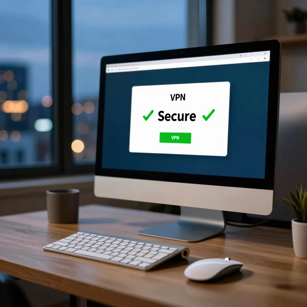 Secure home office with active VPN connection on computer screen