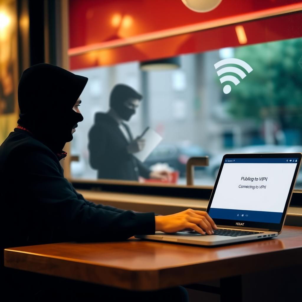 Laptop user at café with VPN connection, shadowed hacker in background.