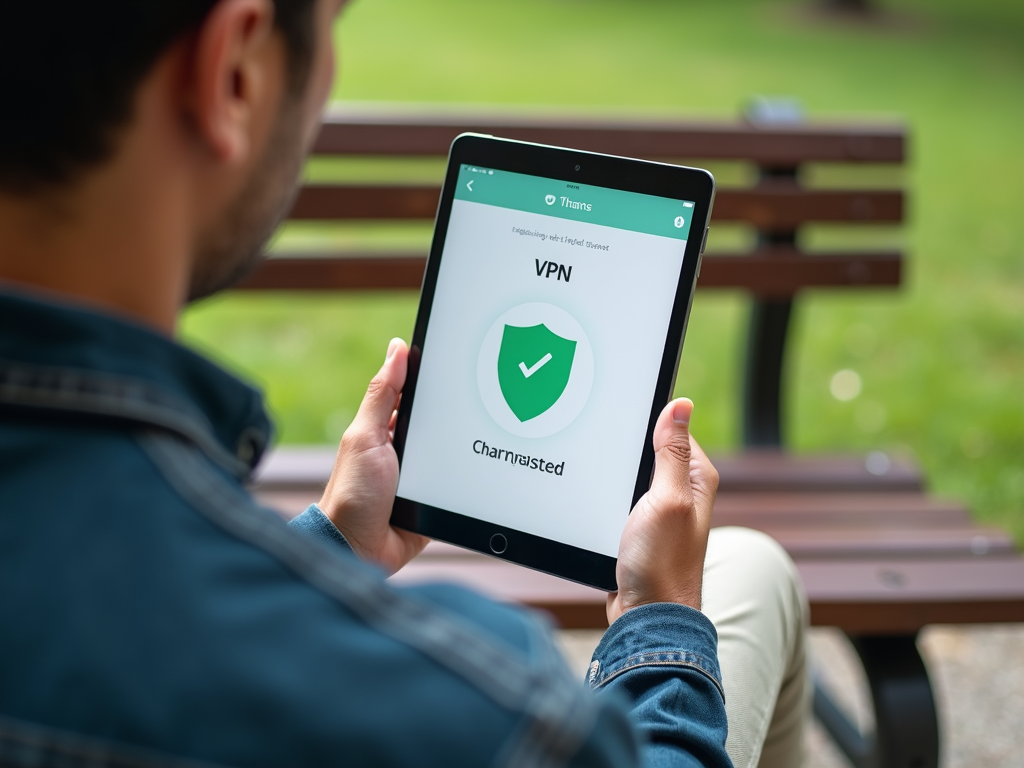 A person using a VPN on a tablet in a park