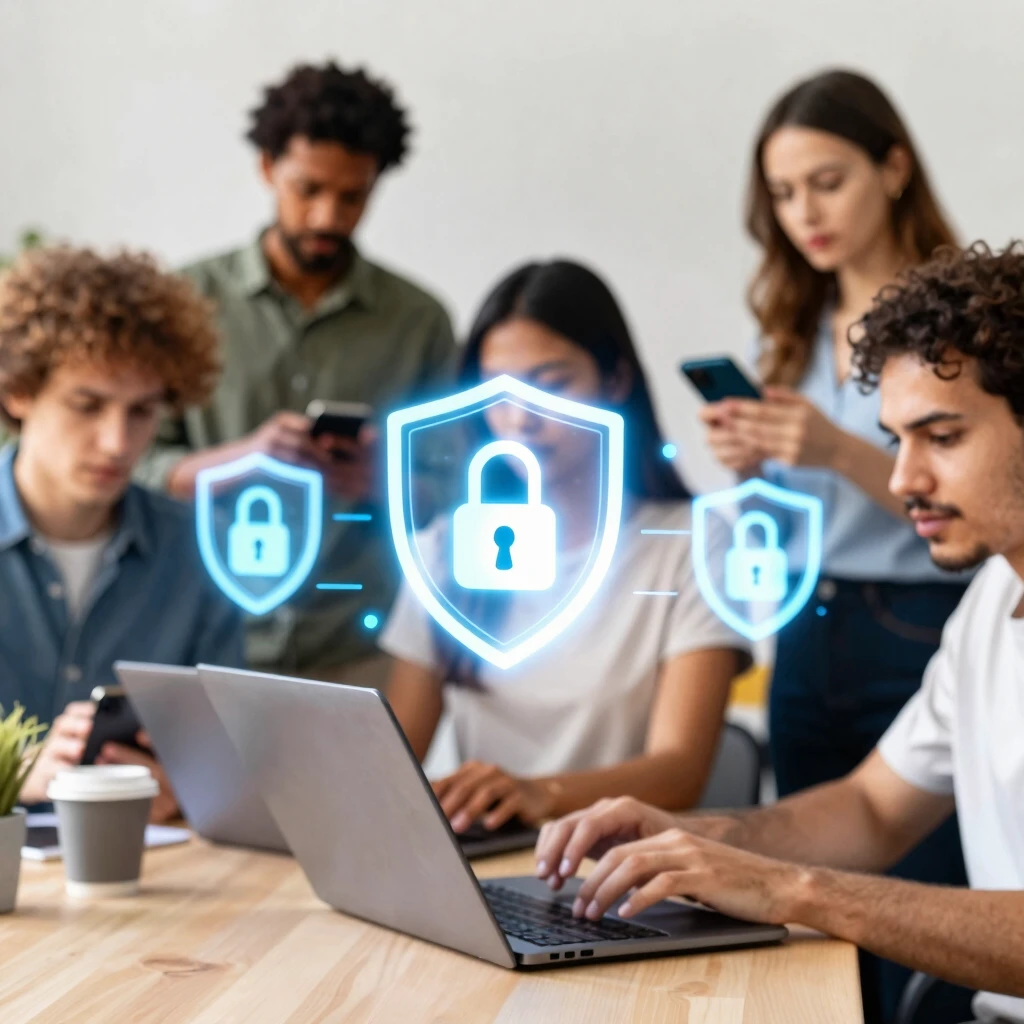 People protecting their online privacy with digital security shields