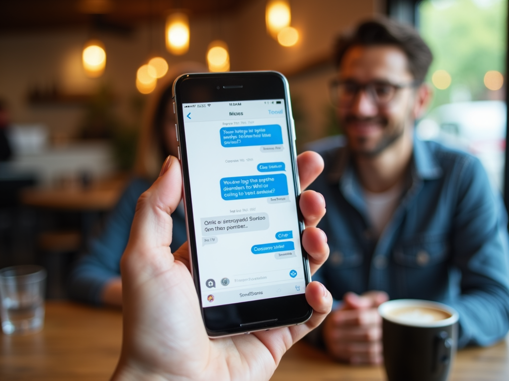 A smartphone with an encrypted messaging app in a coffee shop.