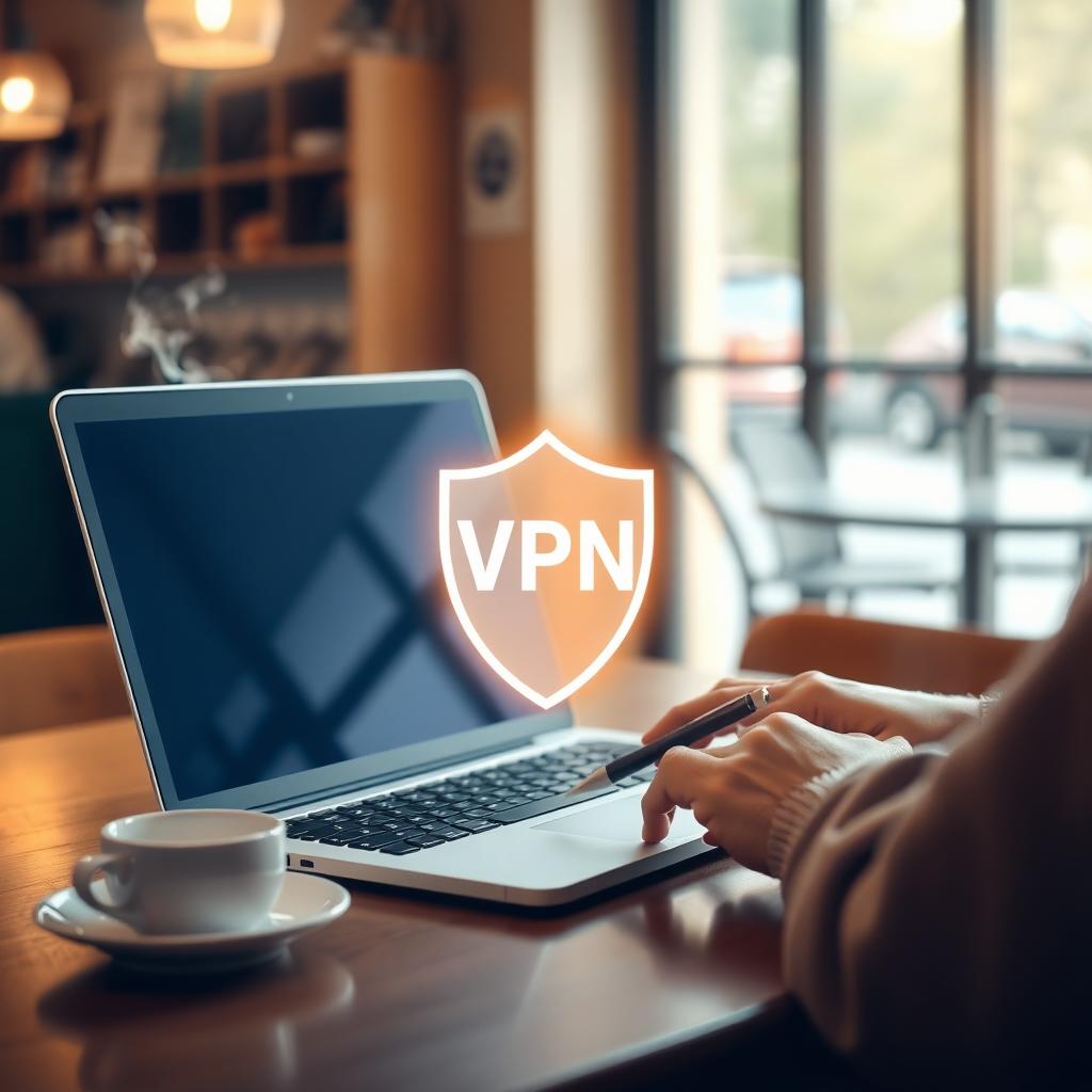 Person using a laptop in a coffee shop with a digital shield icon on the screen, representing VPN security.