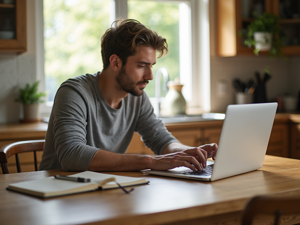 Person adjusting privacy settings on a laptop at a kitchen table.